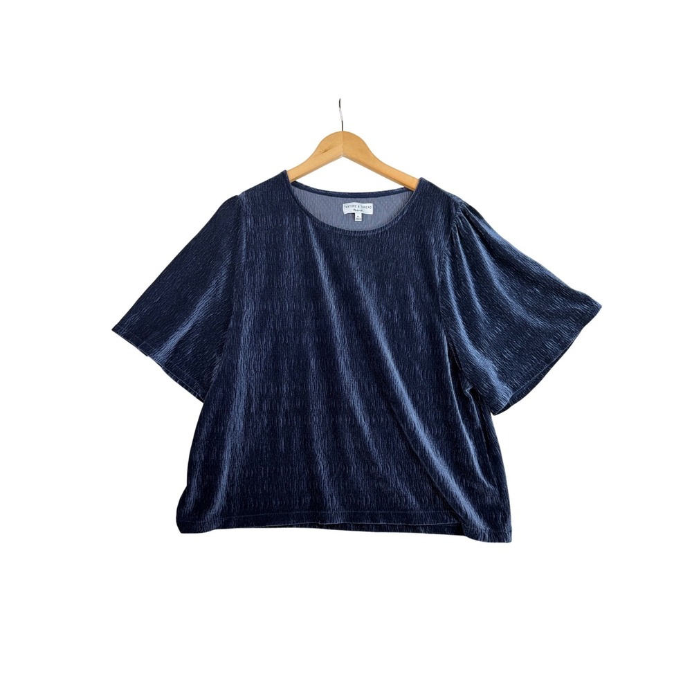 Madewell Texture &‎ Thread Crinkle Flutte Sleeve Velvet Blouse size XL Blue
